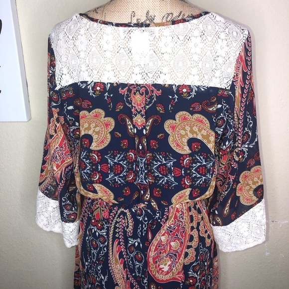 Flying Tomato Red & Blue Paisley Bell Sleeves Crochet Boho Dress Size Large - Picture 7 of 8